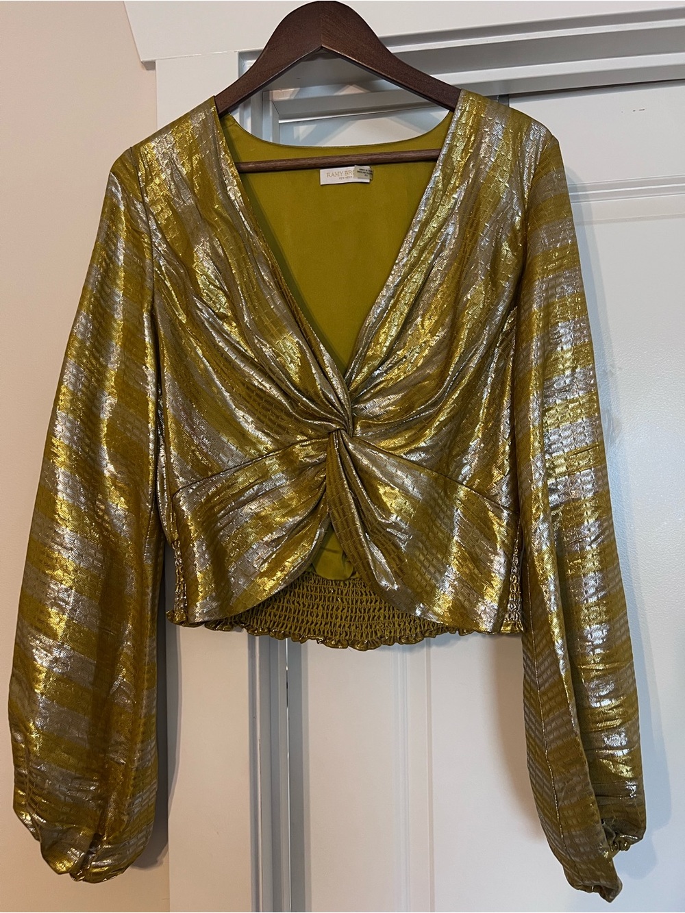 Metallic Gold Twist-Front Long Sleeve Top